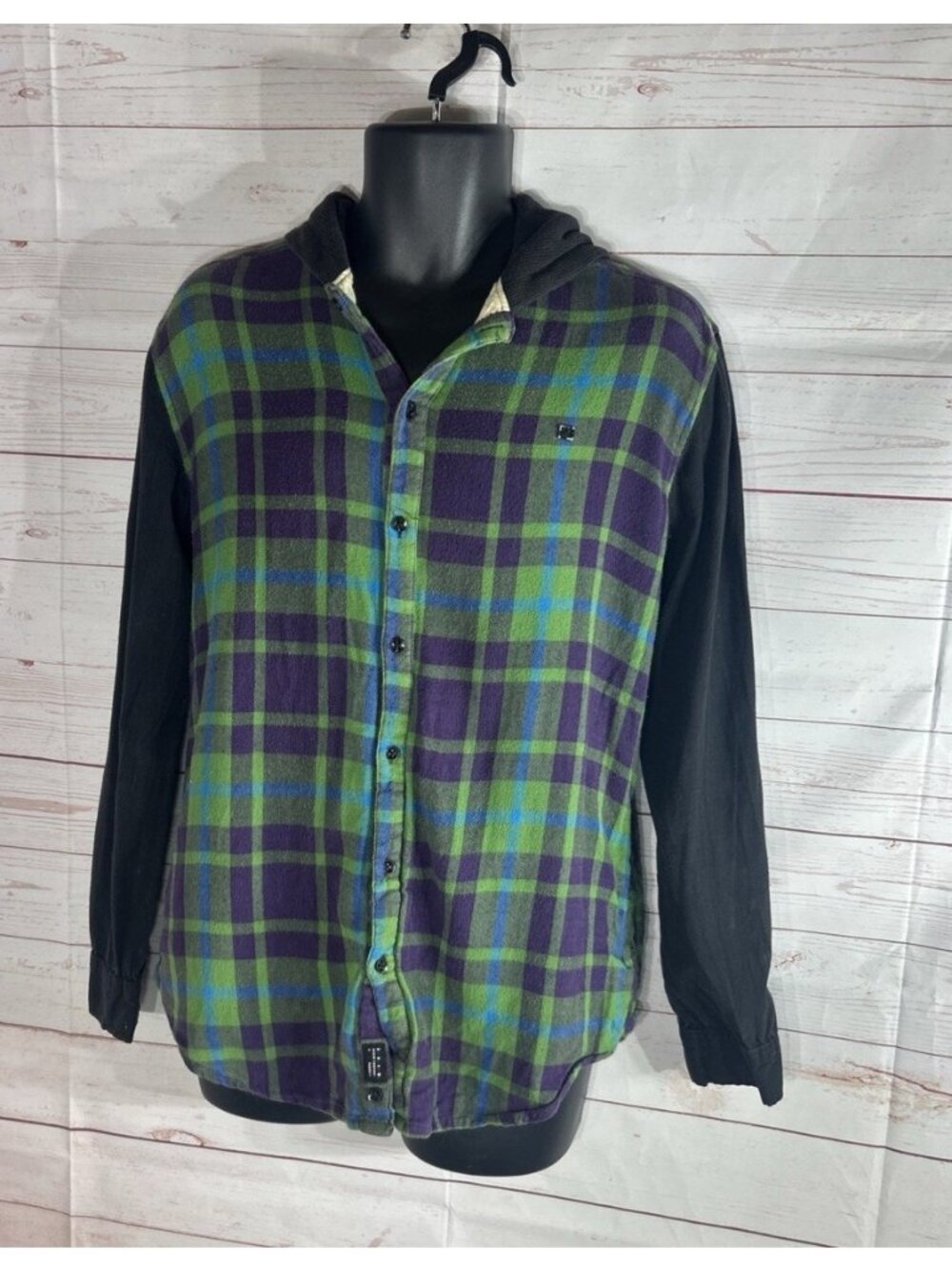 KR3W Hoodie Mens Large Black W/ Green Purple Plaid Button Up Mock 2-Piece Shirt